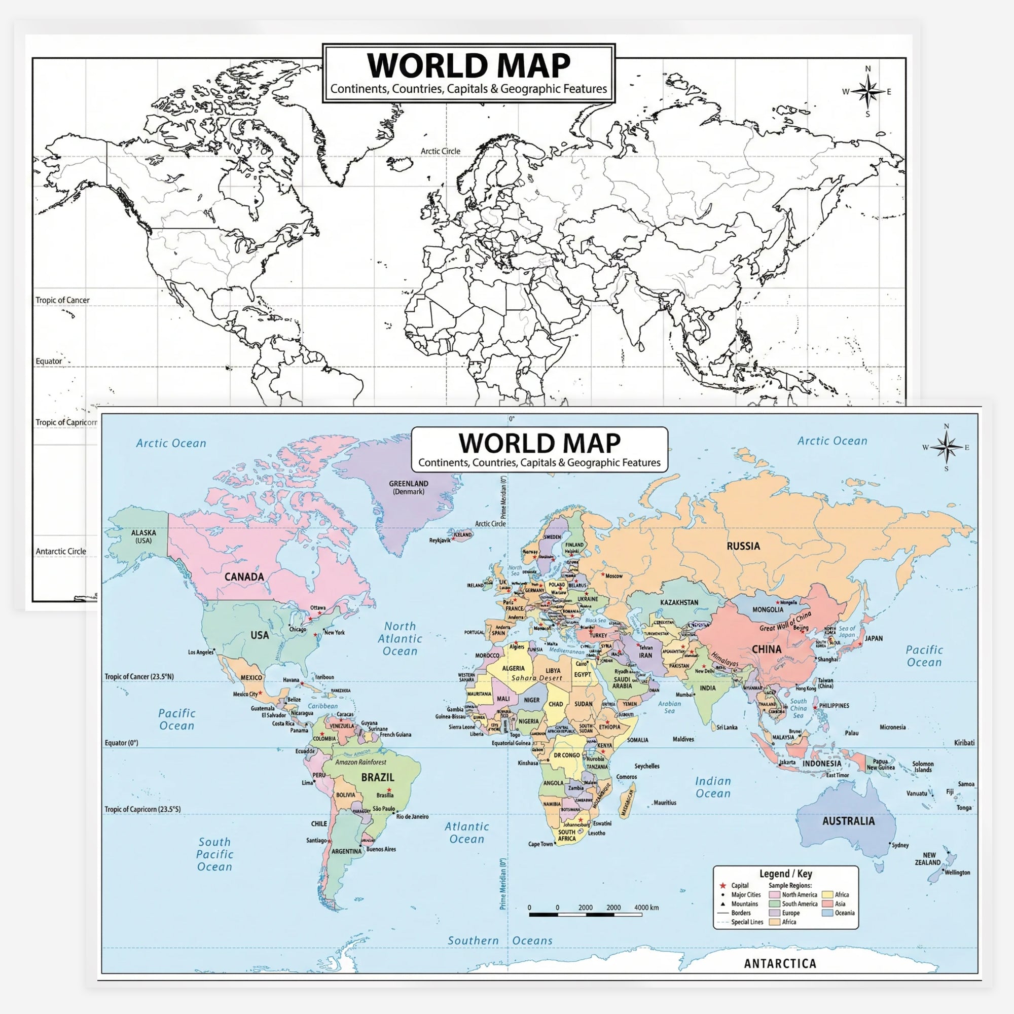 Two world maps, one black and white and one colored with country names, on a white background.