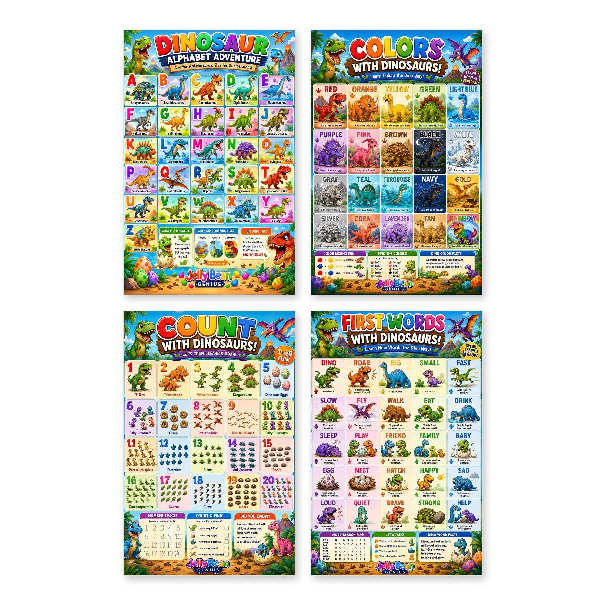 Laminated dinosaur learning poster with colorful activities, facts, and a QR code for audio lessons. — view 3