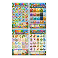 Four laminated dinosaur learning posters for letters, colors, first words, and counting with QR code audio lessons.
