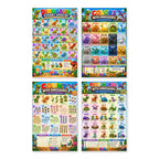 Four laminated dinosaur learning posters for letters, colors, first words, and counting with QR code audio lessons.