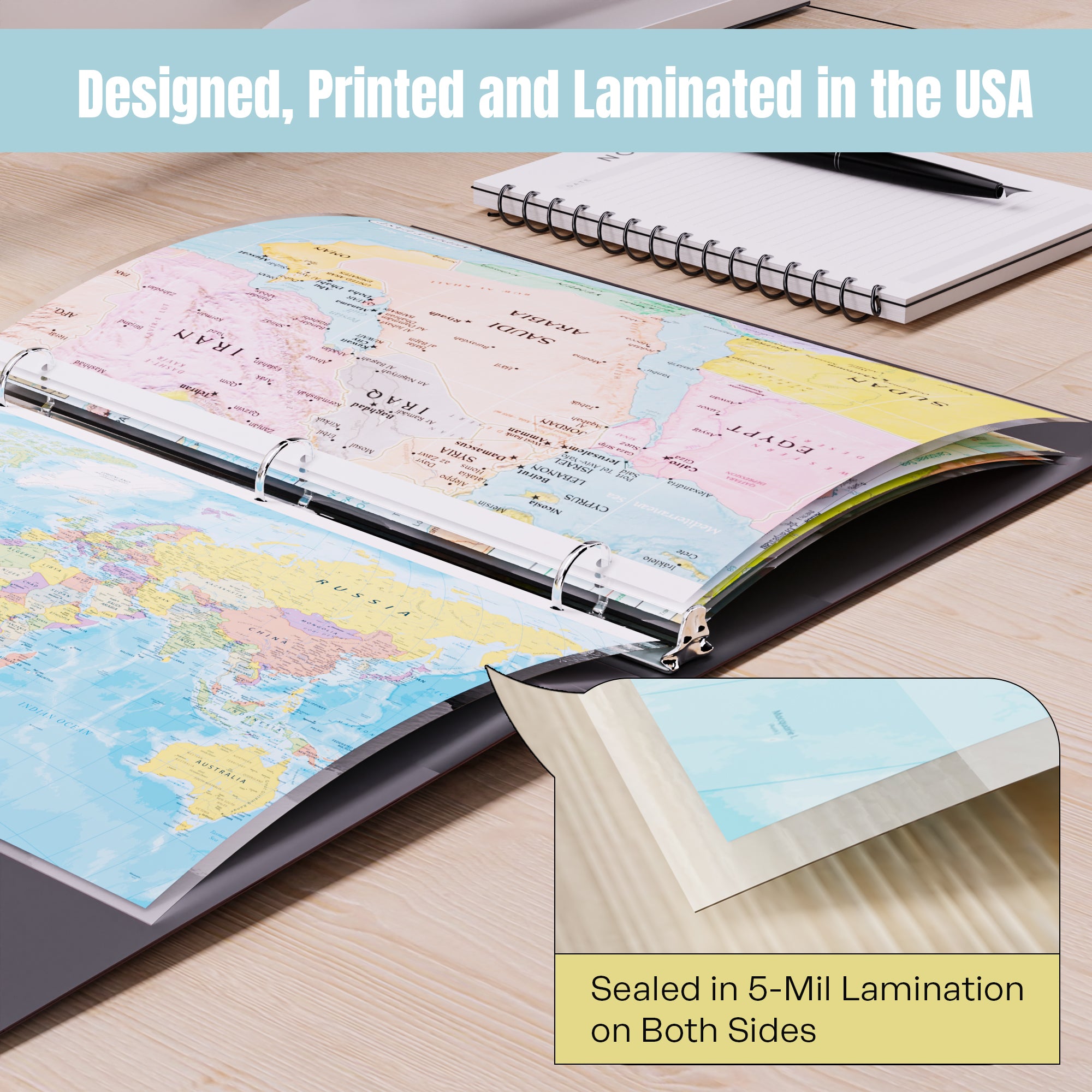World Map & Middle East Map Reference Binder Insert (Double-Sided) | Geography Learning Chart for Kids