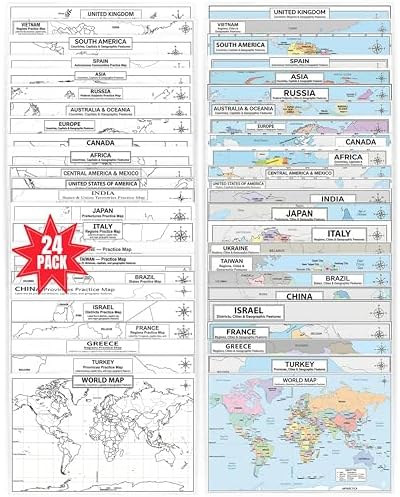 24 laminated world and country map posters with QR codes for audio lessons