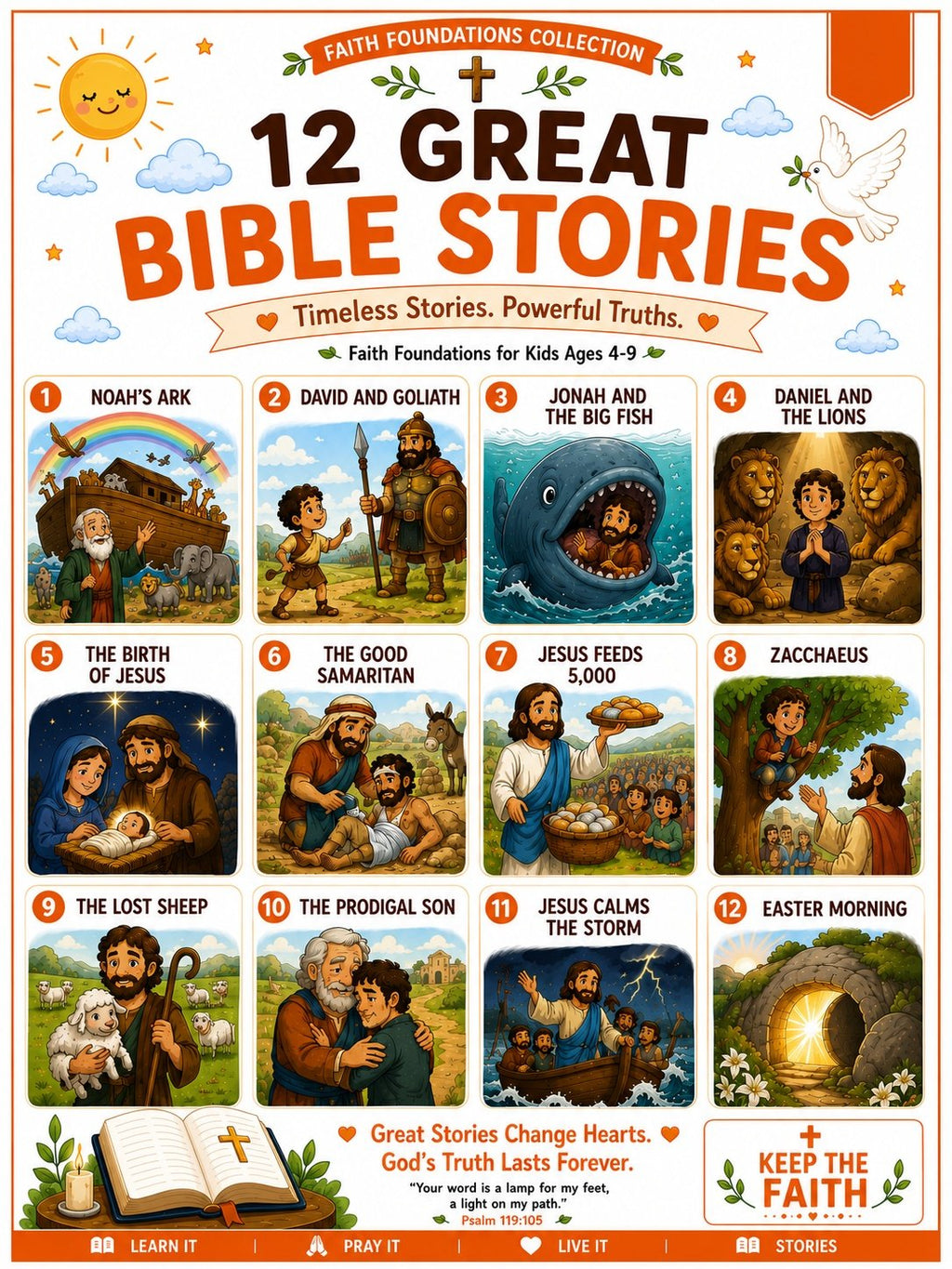 Five laminated faith posters with QR codes for narrated audio lessons: prayers, Bible heroes, Bible stories, values, and — view 6