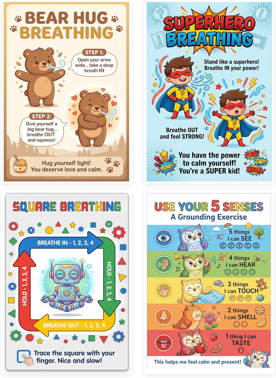 Set of 4 laminated calming corner posters for breathing and grounding with QR codes for audio lessons