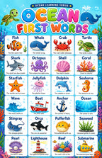 Four laminated ocean learning posters for ABCs, colors, first words, and numbers with QR audio lessons — view 5