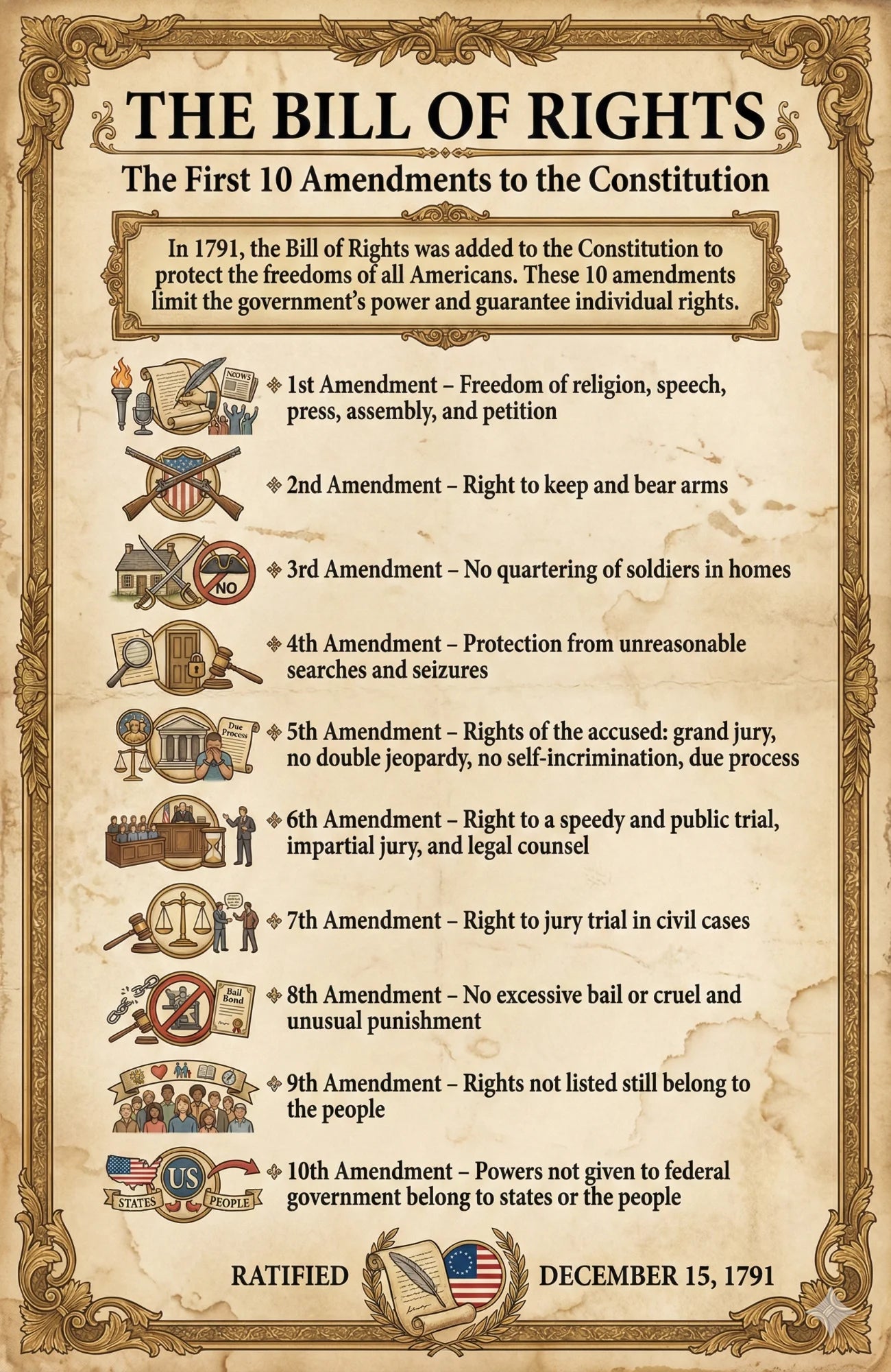 Twelve laminated civics posters covering the Bill of Rights, Constitution, Declaration of Independence, and related topics — view 7