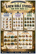 Five laminated faith posters with QR codes for narrated audio lessons: prayers, Bible heroes, Bible stories, values, and
