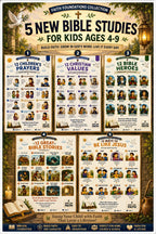Five laminated faith posters with QR codes for narrated audio lessons: prayers, Bible heroes, Bible stories, values, and