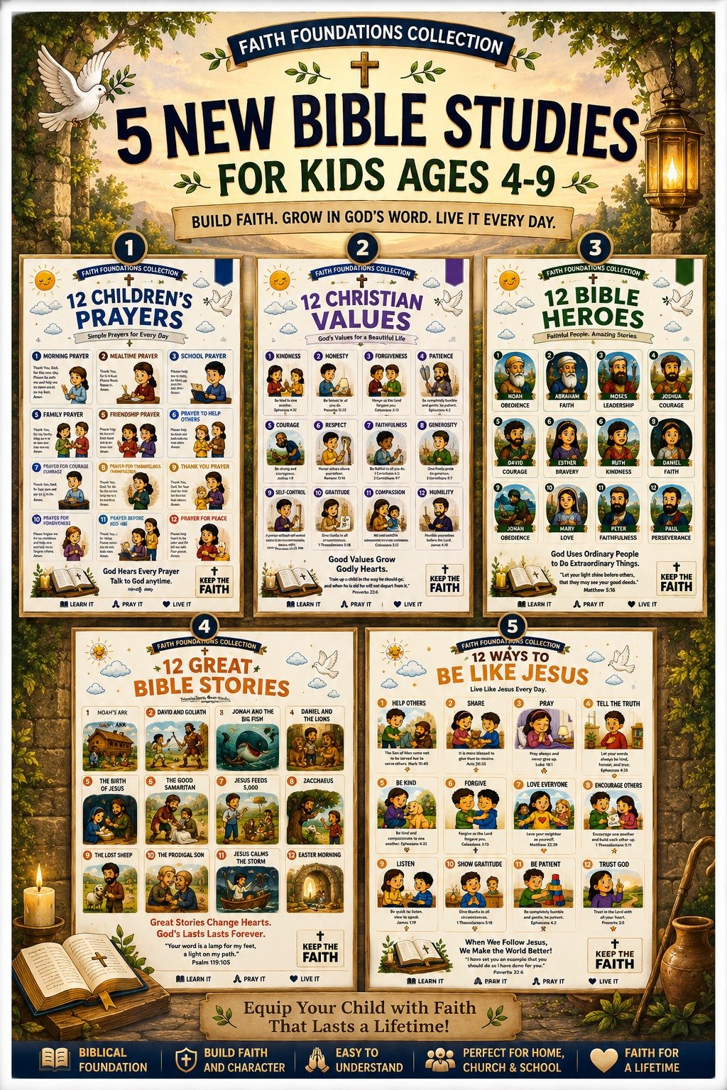 Five laminated faith posters with QR codes for narrated audio lessons: prayers, Bible heroes, Bible stories, values, and