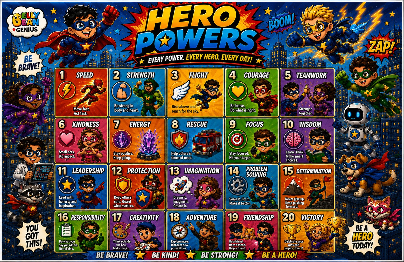 Four laminated superhero learning posters with QR codes for audio lessons, covering letters, numbers, powers, and — view 6