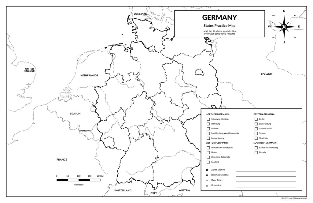 Germany Map Poster, States & Capitals, Double-Sided Laminated, 11x17