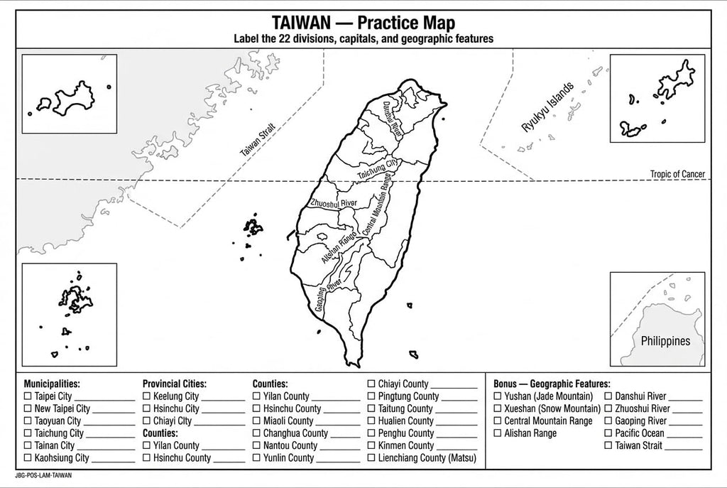 Taiwan Map Poster for Kids - Educational Geography Wall Art with 22 Divisions, Capitals & Major Cities - Laminated