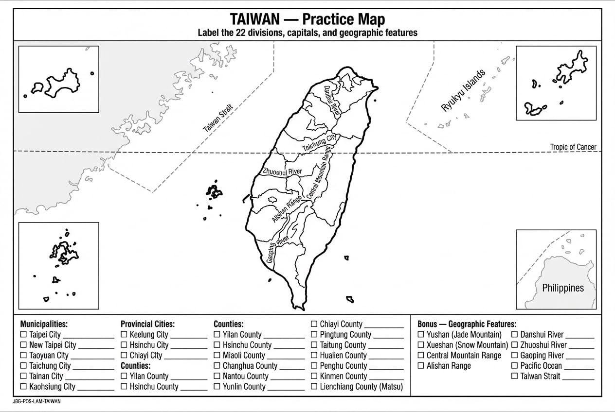 Taiwan Map Poster for Kids - Educational Geography Wall Art with 22 Divisions, Capitals & Major Cities - Laminated