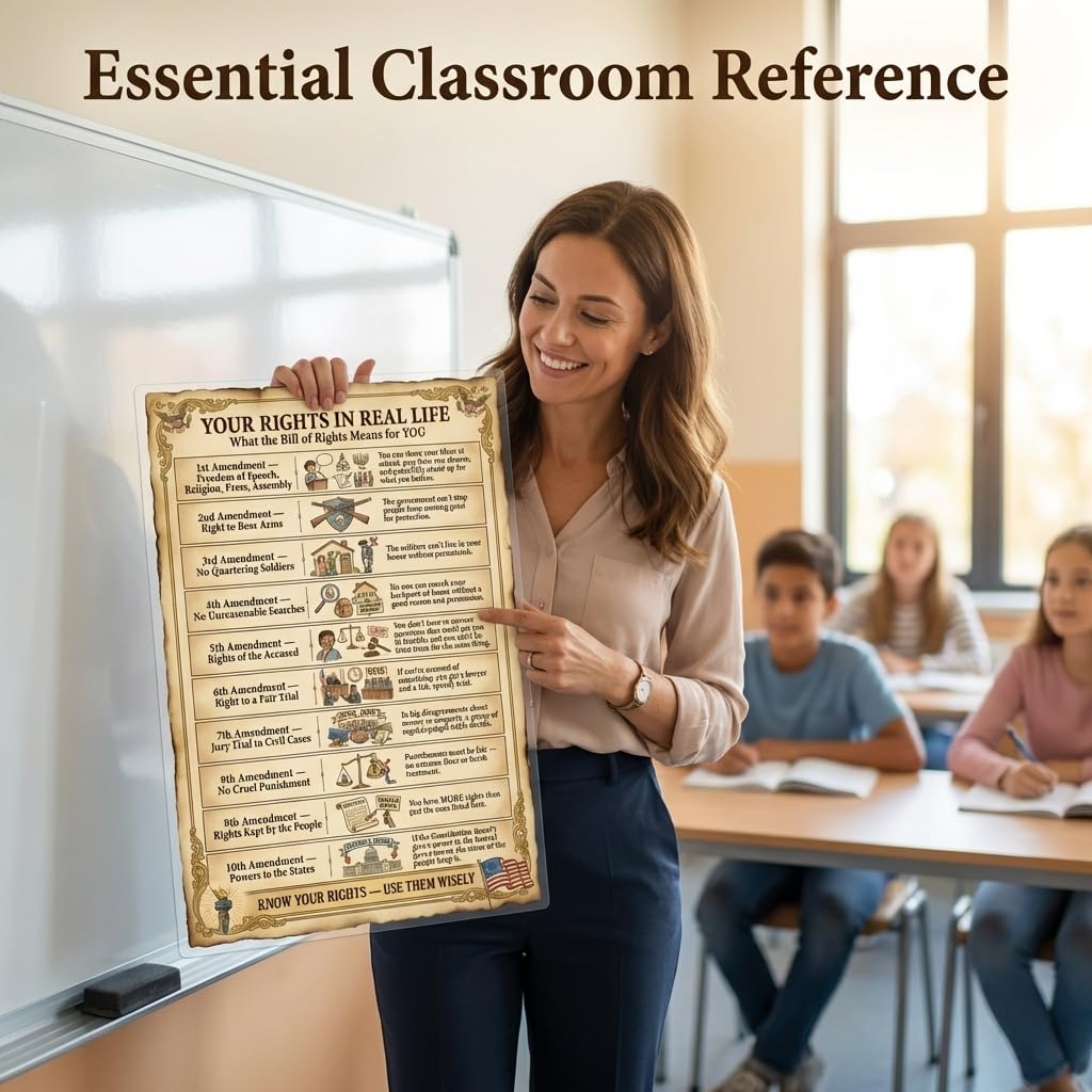 JELLY BEAN GENIUS Bill of Rights Poster for Kids, 11x17 Laminated US Civics Poster, 10 Amendments Explained, Classroom &