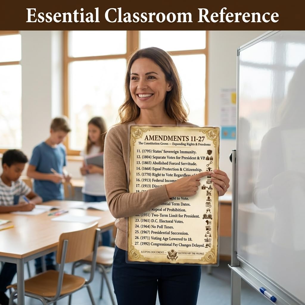 JELLY BEAN GENIUS Constitutional Amendments 11–27 Poster for Kids, 11x17 Laminated US Civics Poster, Bill of Rights