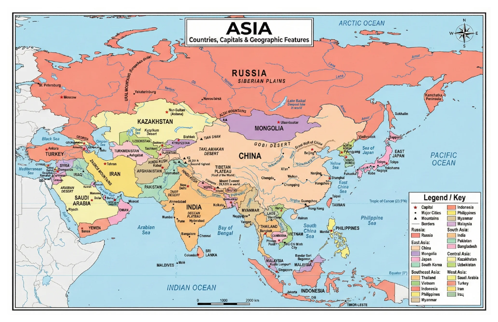 Four laminated Asia map posters for Asia, China, India, and Japan with QR codes for audio lessons.