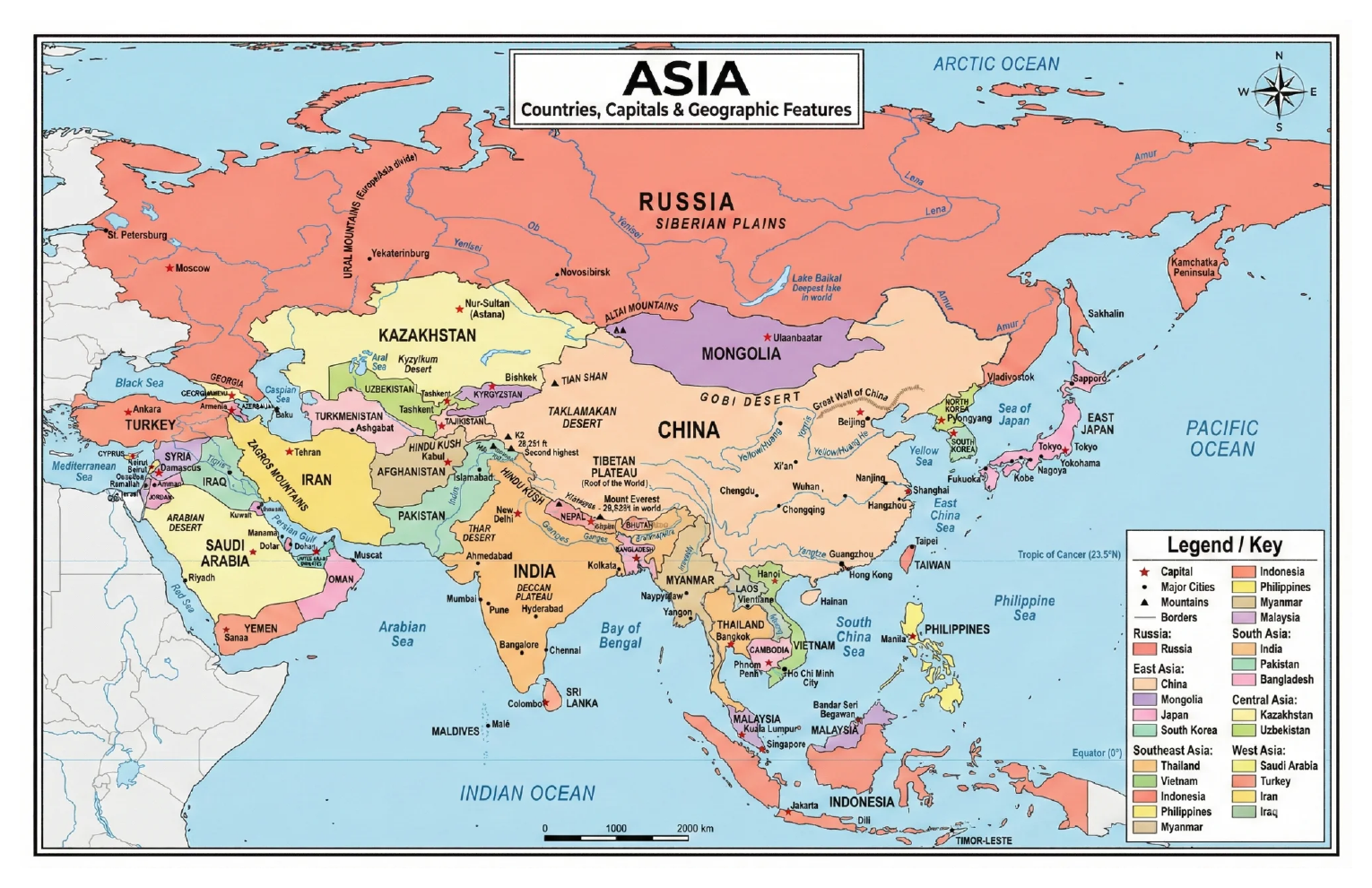 Four laminated Asia map posters for Asia, China, India, and Japan with QR codes for audio lessons.