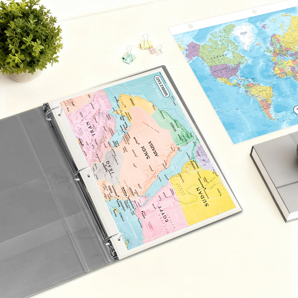 World Map & Middle East Map Reference Binder Insert (Double-Sided) | Geography Learning Chart for Kids
