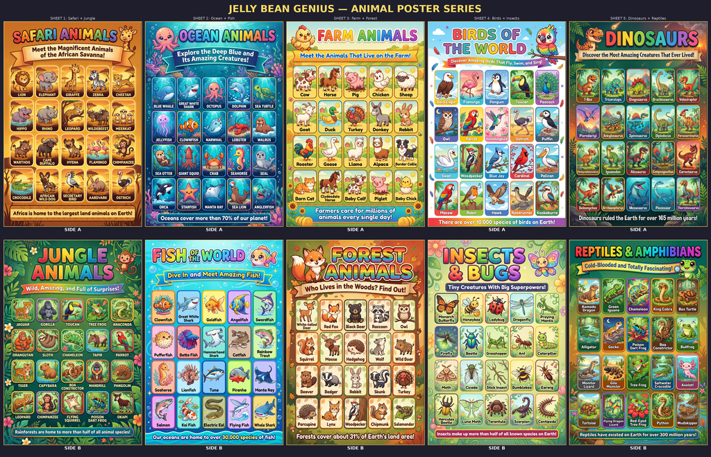 Five laminated animal posters for birds, dinosaurs, farm, ocean, and safari animals with QR audio lessons.