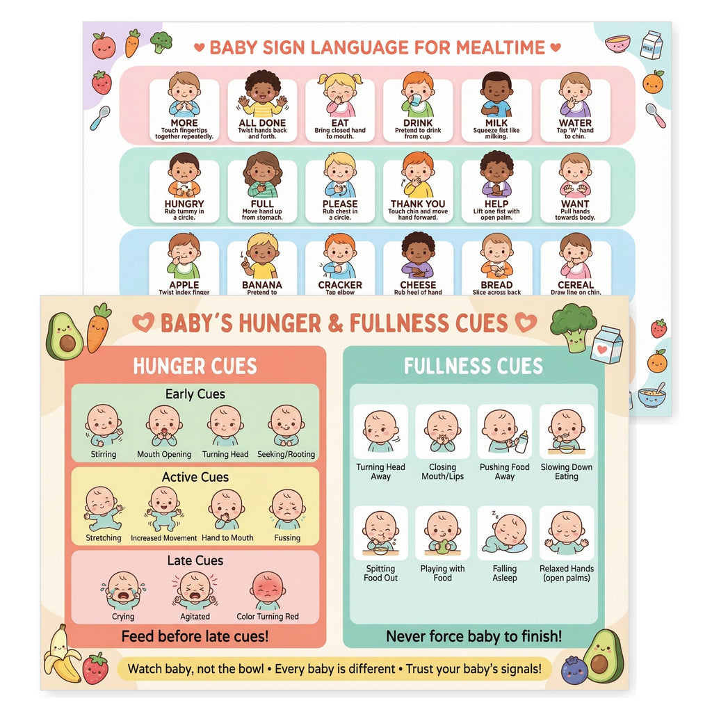 Four laminated baby care posters with QR codes for narrated audio lessons, covering feeding, safety, care tips, and stain — view 5