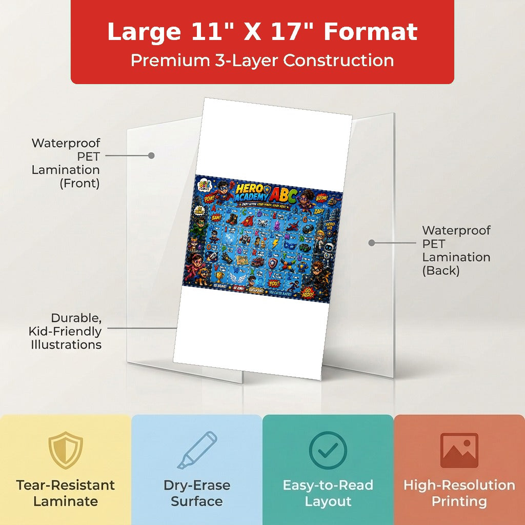 Four laminated superhero learning posters with QR codes for audio lessons, covering letters, numbers, powers, and — view 3