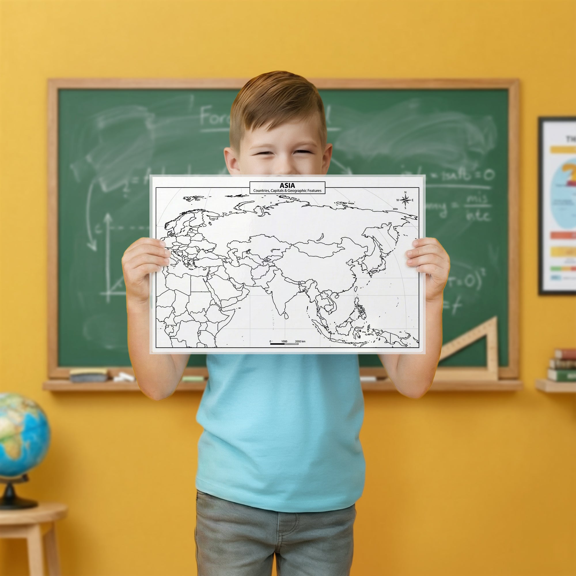 Child holding a map of Asia in front of a classroom with a chalkboard and globe.
