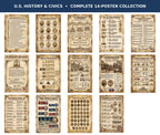 14 laminated civics posters with QR codes for audio lessons covering U.S. government and history