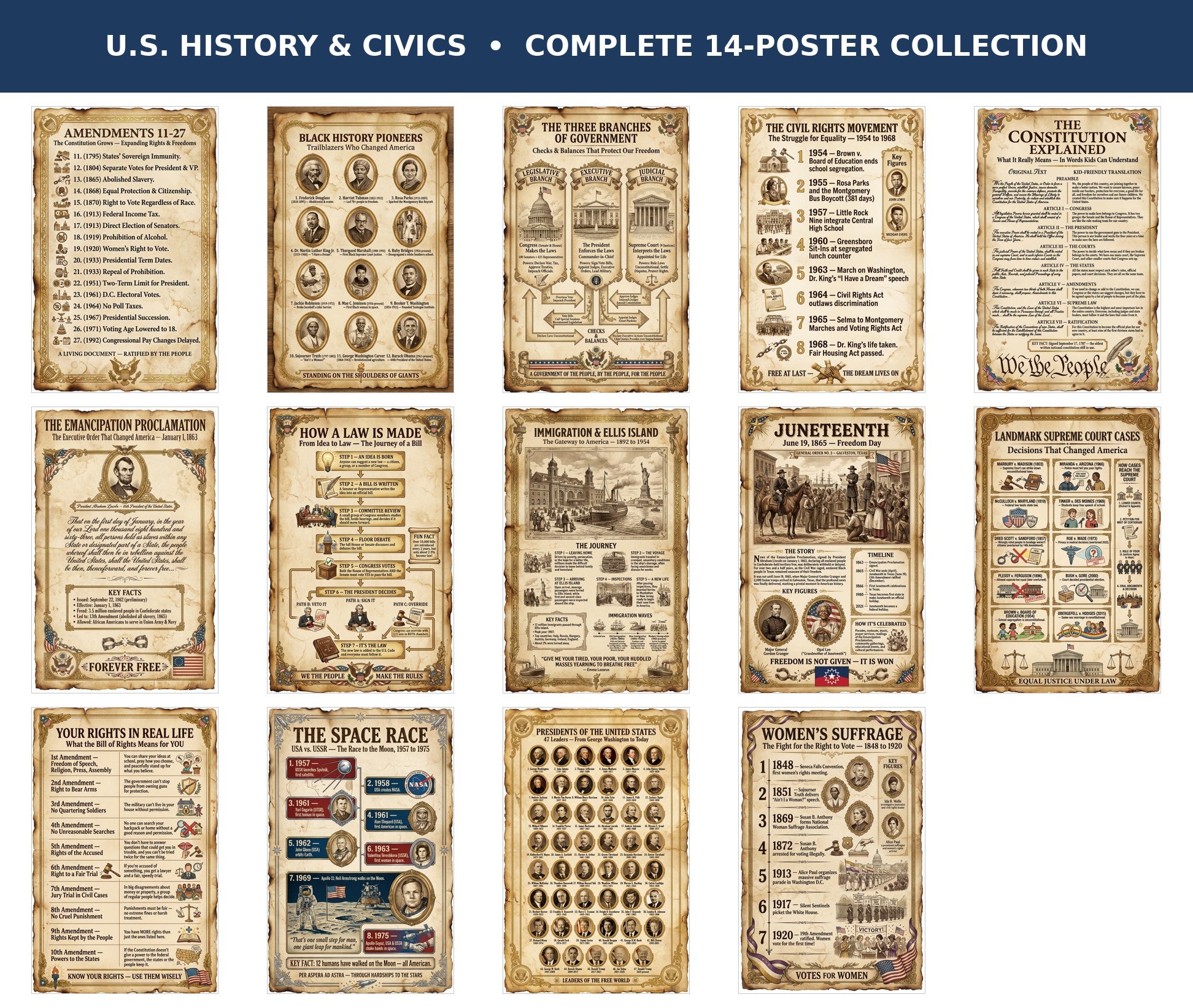 14 laminated civics posters with QR codes for audio lessons covering U.S. government and history