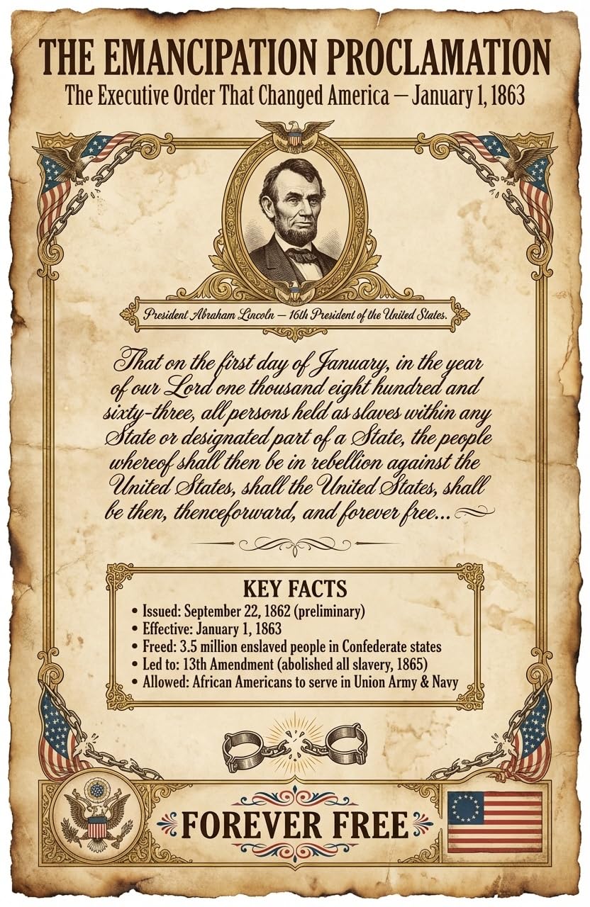 JELLY BEAN GENIUS Emancipation Proclamation Poster for Kids, 11x17 Laminated US History Poster, Abraham Lincoln Civil War
