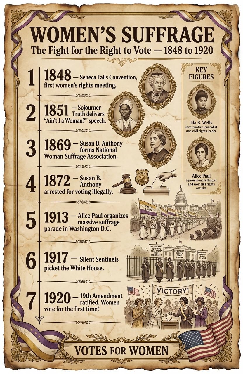 JELLY BEAN GENIUS Women’s Suffrage Poster for Kids, 11x17 Laminated US History Timeline Poster, Right to Vote 1848–1920