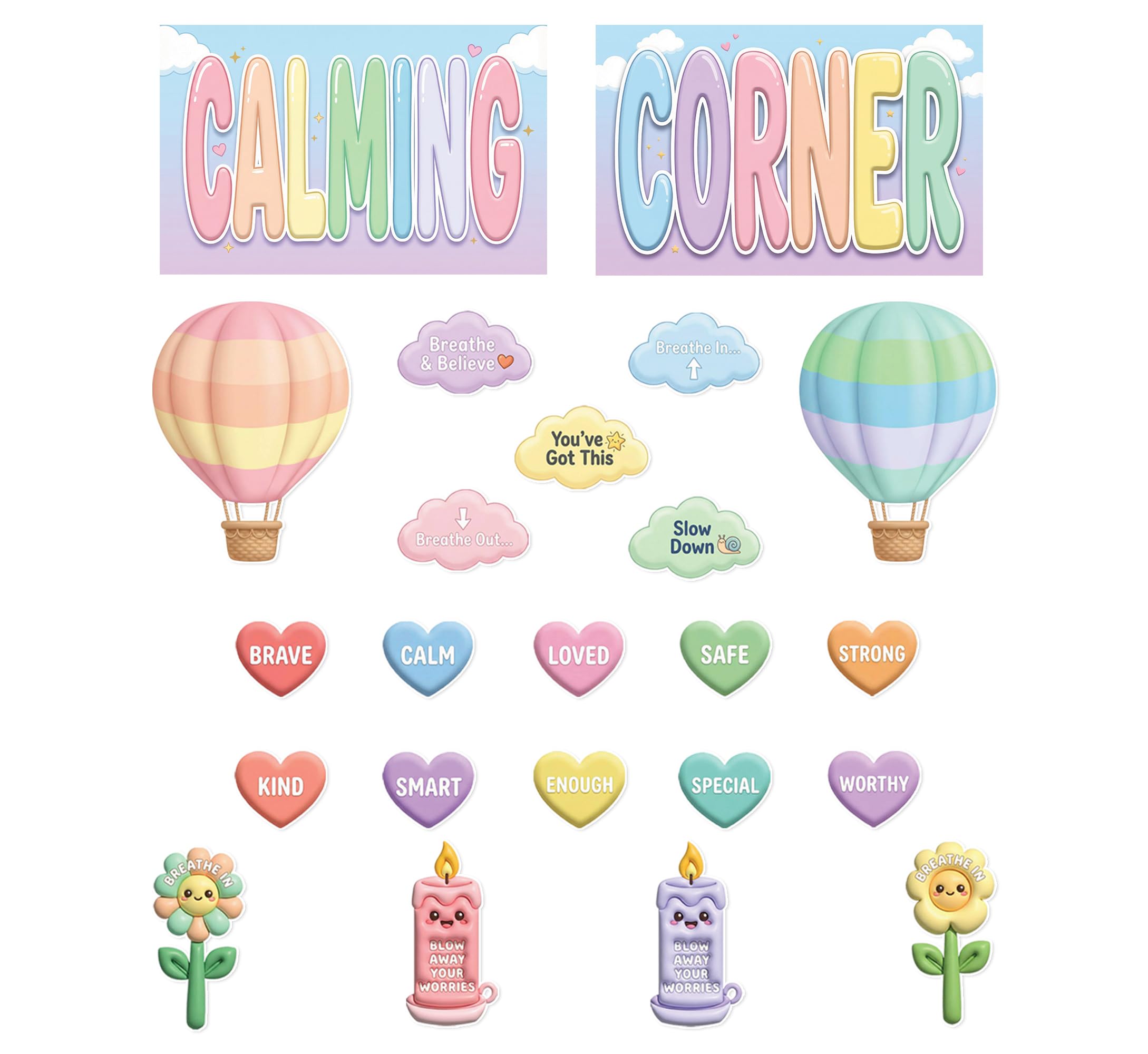 JELLY BEAN GENIUS Calming Corner Decorative Accent Set for Kids – 23-Piece Laminated Coordinated Visuals for Emotional