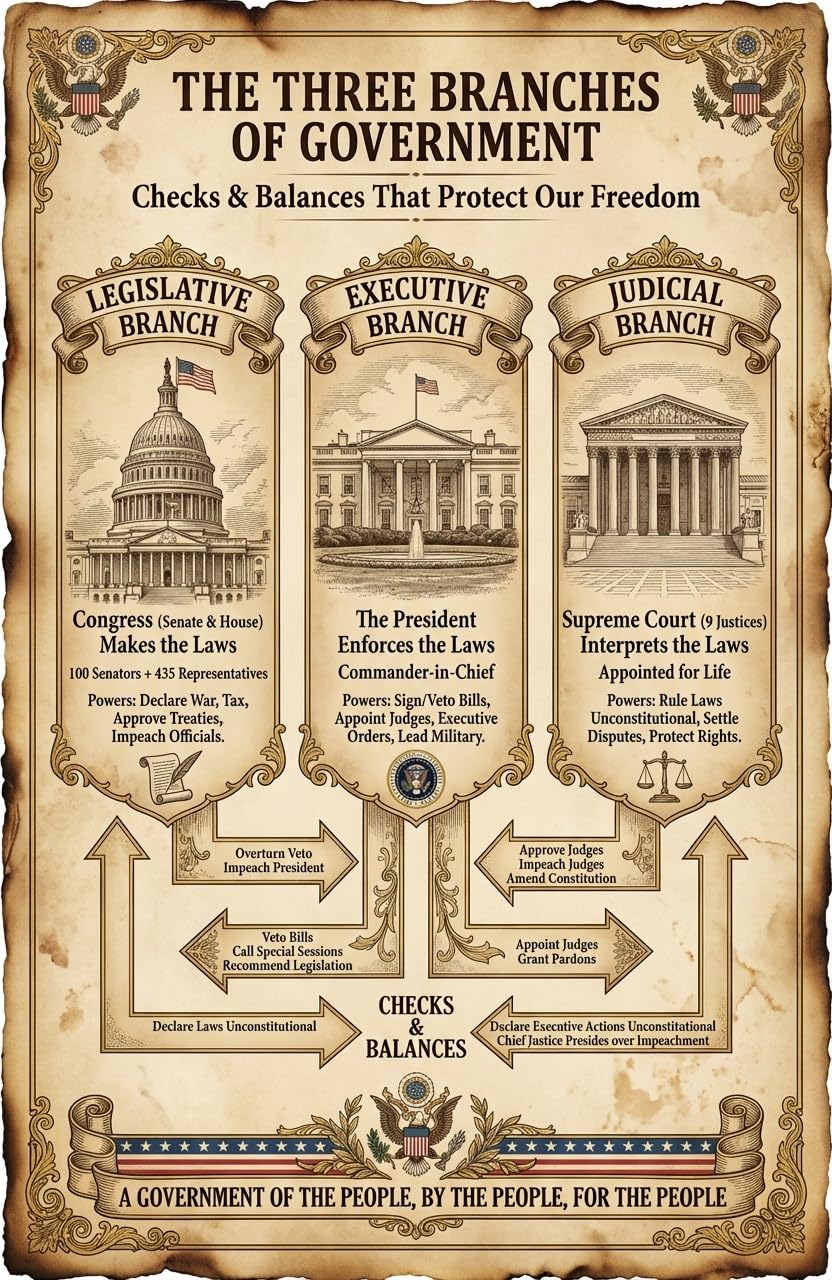 JELLY BEAN GENIUS Three Branches of Government Poster for Kids, 11x17 Laminated US Civics Poster, Legislative Executive
