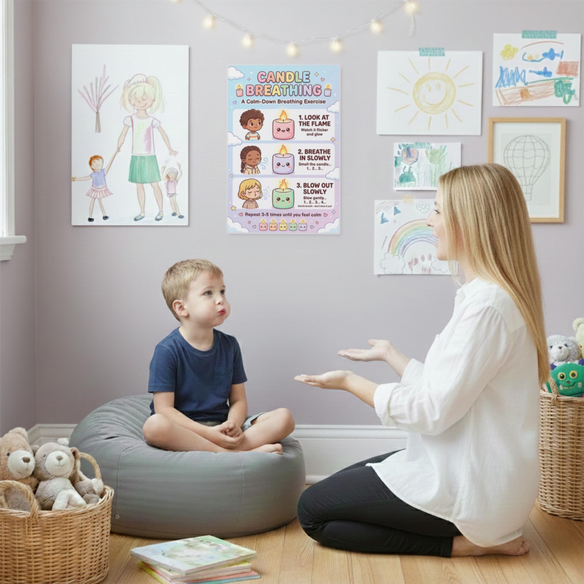 JELLY BEAN GENIUS Look at the Flame Breathing Poster for Kids – Deep Breathing & Emotional Awareness Visual for Classroom &