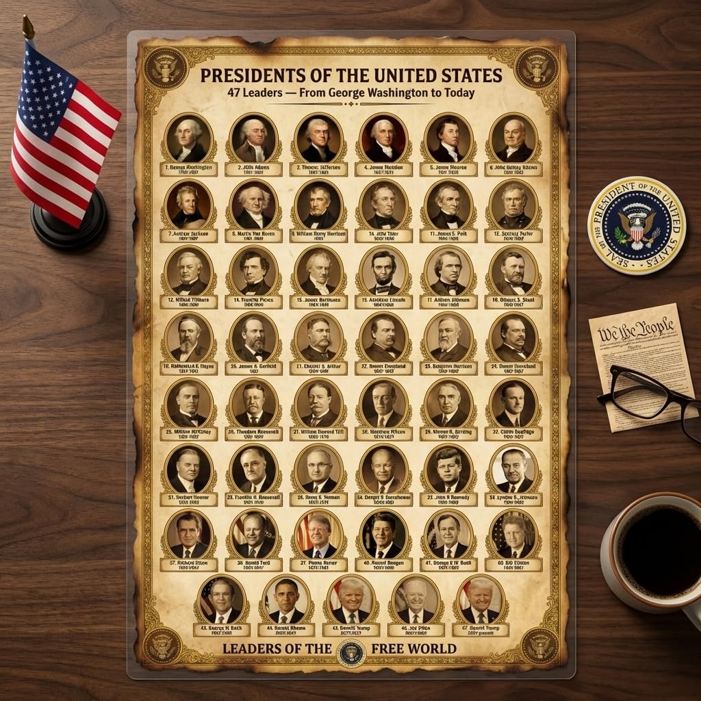 JELLY BEAN GENIUS US Presidents Poster for Kids, 11x17 Laminated American History Poster, All 47 Presidents with Portraits