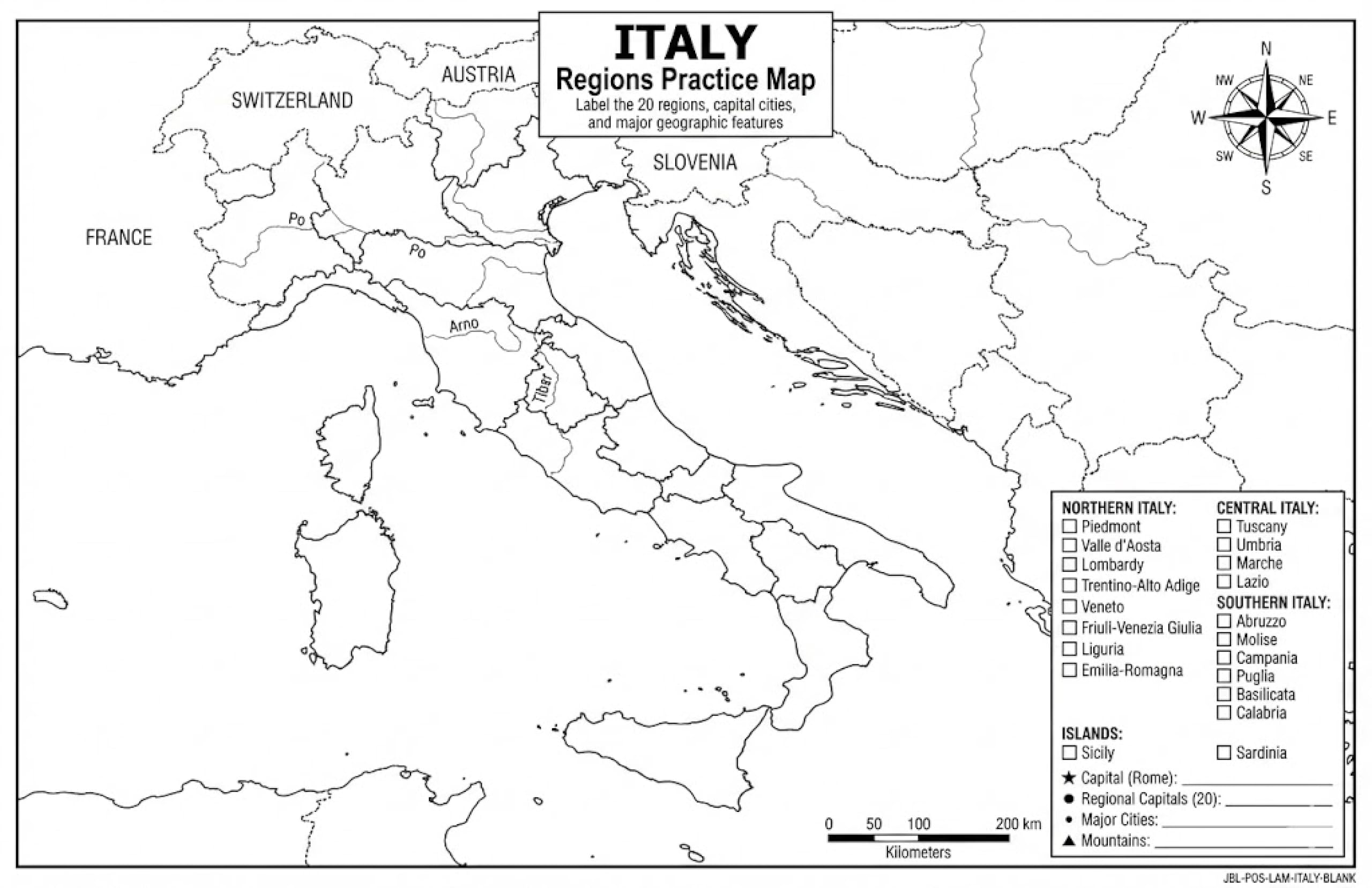 Italy Map Poster 11x17 | Laminated Double-Sided Geography Chart with Color Map Front & Blank Outline Back | Reusable