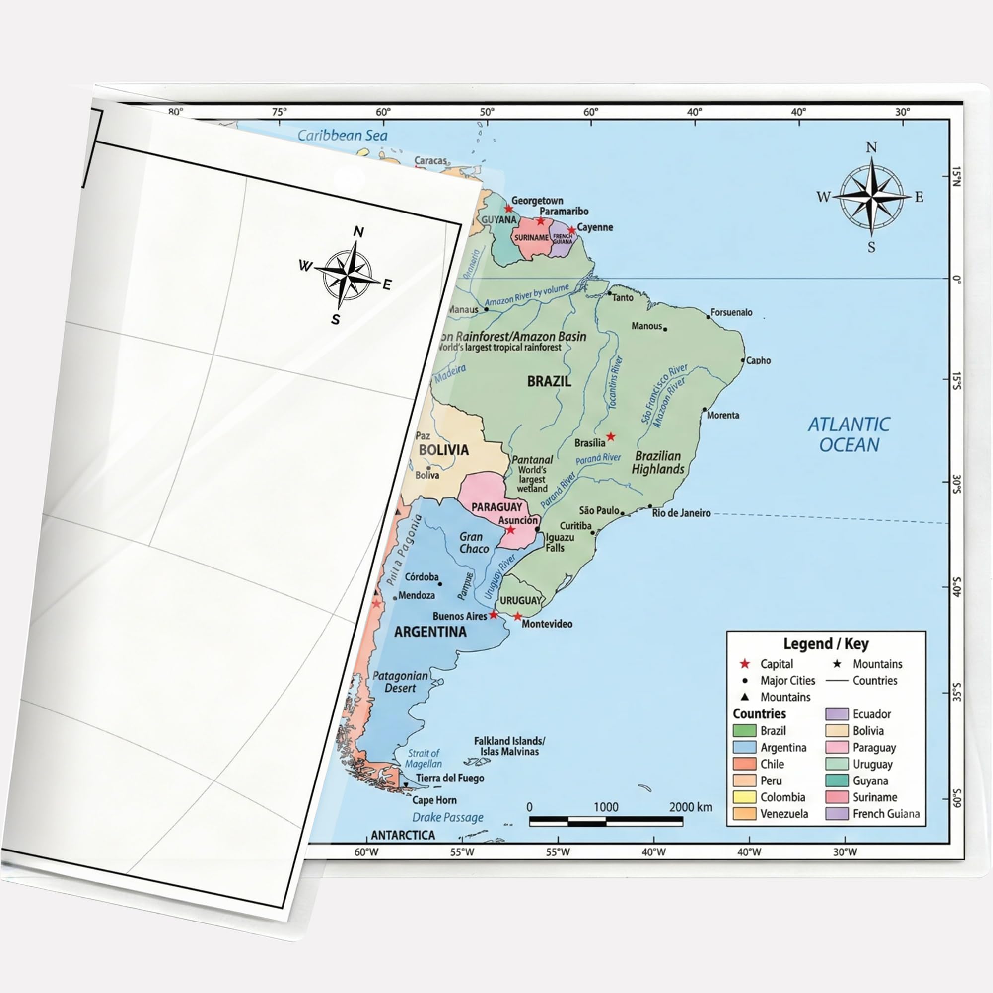 South America Map 11x17 Laminated Dry Erase Geography Chart | Double-Sided with Color Front & Blank Outline Back | Reusable