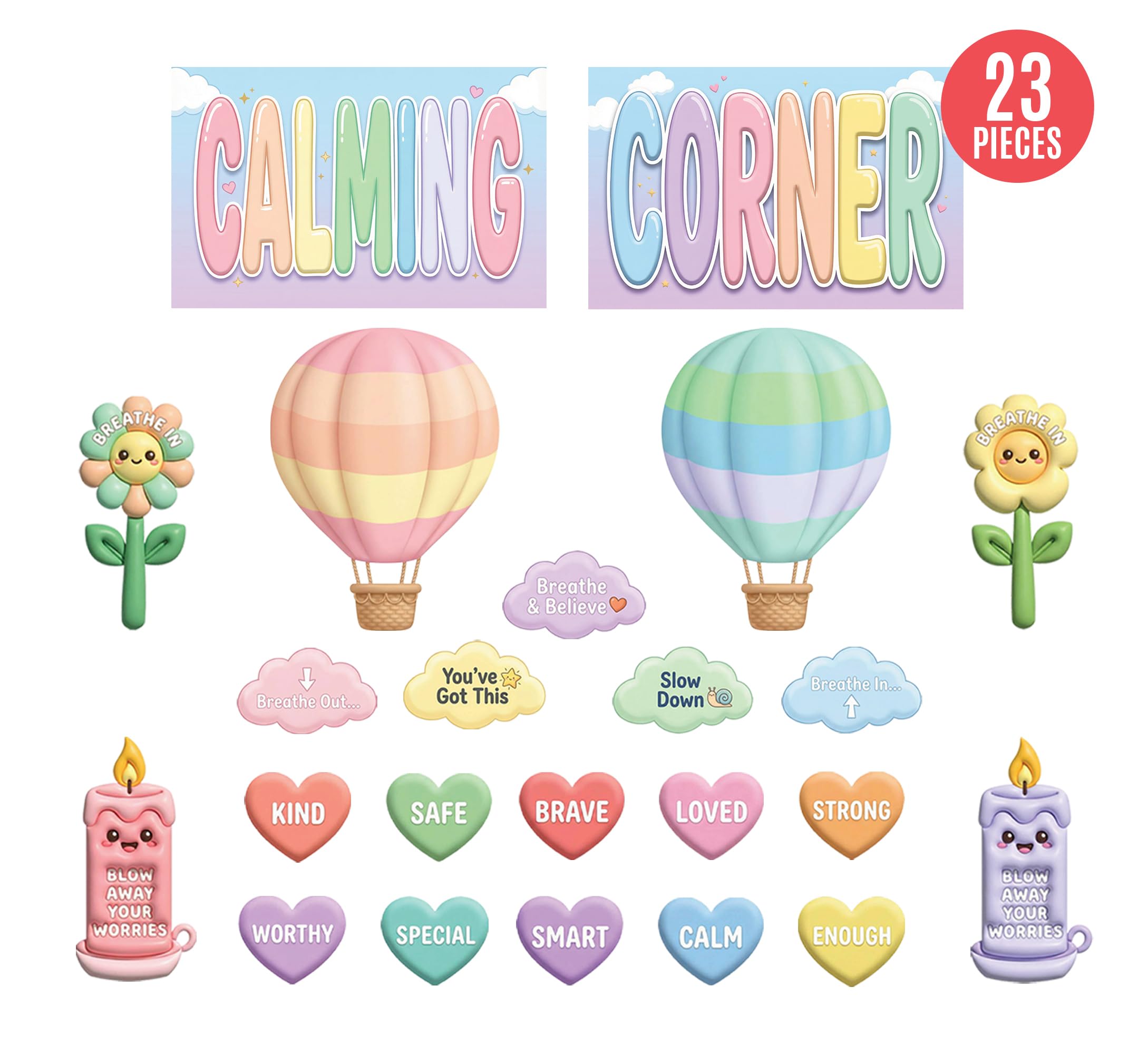 JELLY BEAN GENIUS Calming Corner Decorative Accent Set for Kids – 23-Piece Laminated Coordinated Visuals for Emotional