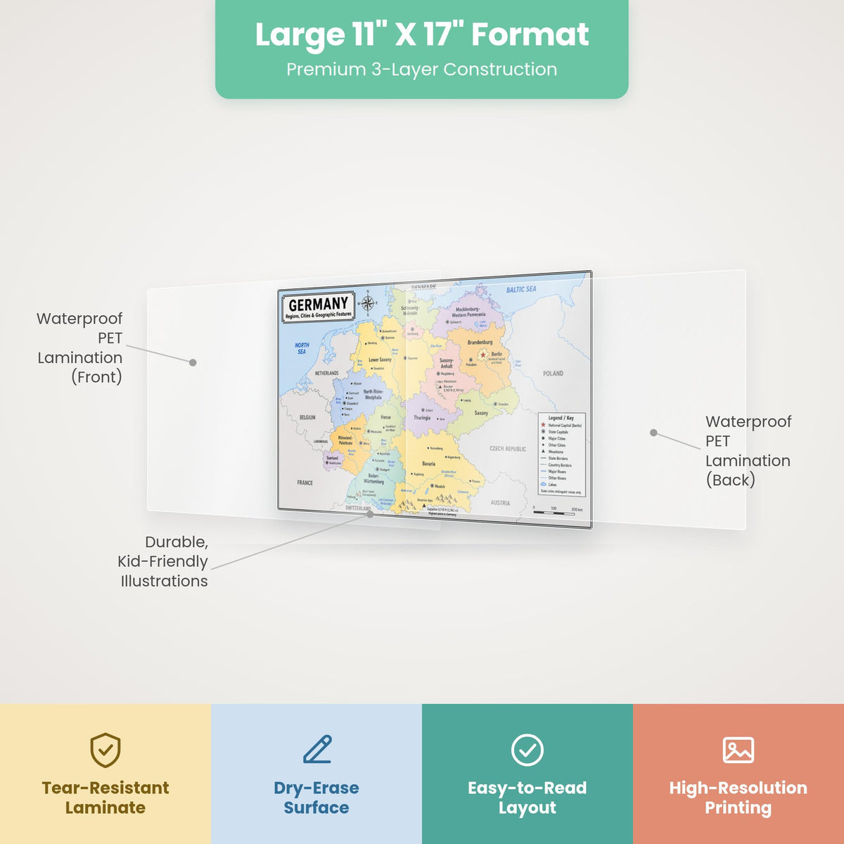 Germany Map Poster, States & Capitals, Double-Sided Laminated, 11x17