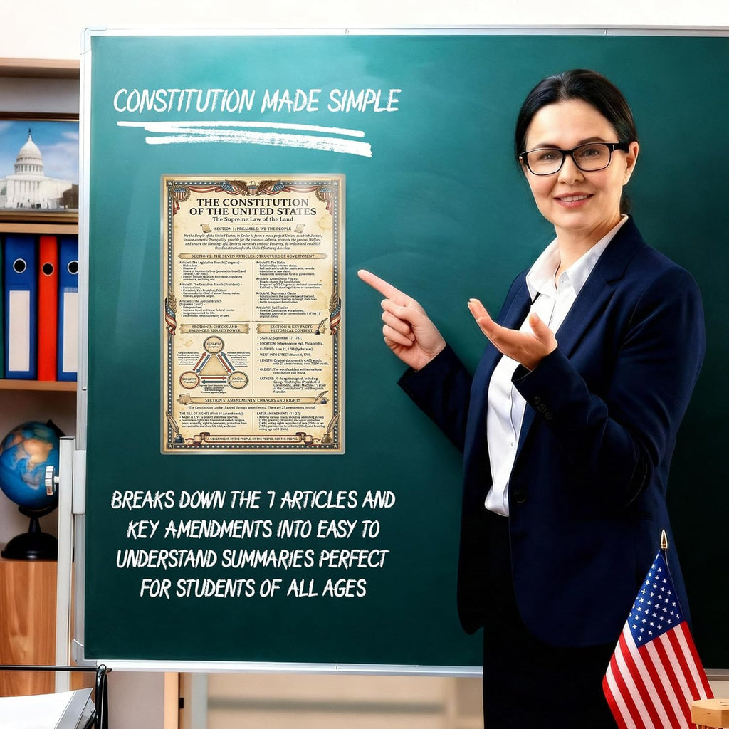 JELLY BEAN GENIUS Constitution Poster Set (4 Pack) - Framers, Summary, Flag, Article I - Laminated 11x17 - US History Classroom Bundle - Educational Wall Art