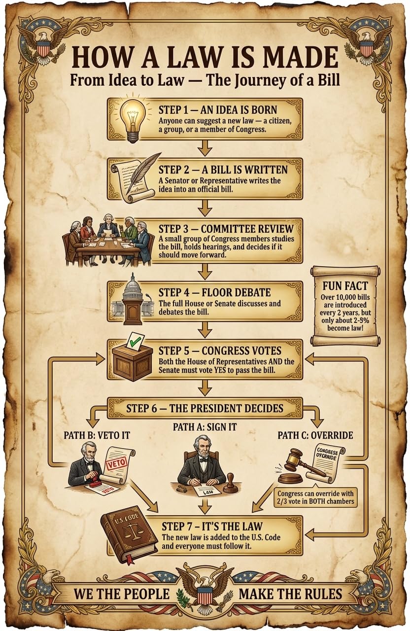 JELLY BEAN GENIUS How a Law Is Made Poster for Kids, 11x17 Laminated US Civics Flowchart, Bill to Law Process, Classroom &