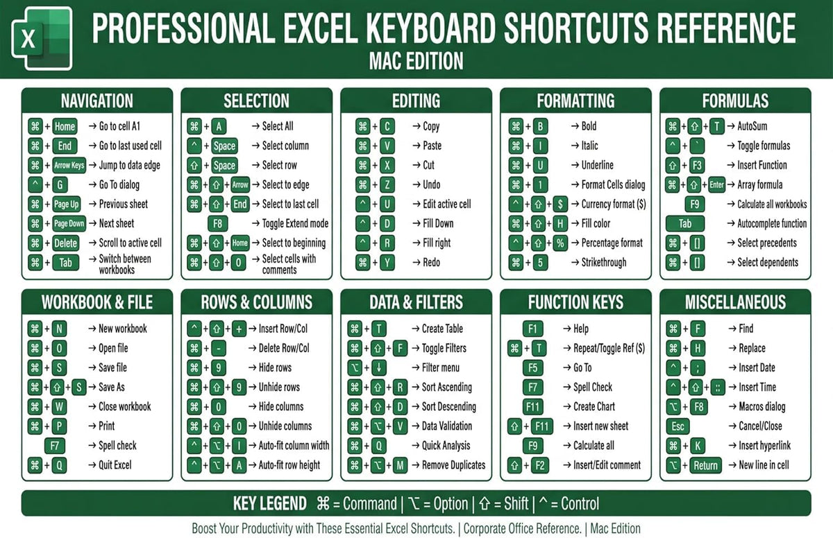 Professional Excel Keyboard Shortcuts Poster 11x17 – Double-Sided Laminated Windows & Mac Layout | 80+ Excel Shortcut Cheat Sheet for Office, Finance, Accounting & Business Use - 25 Pack