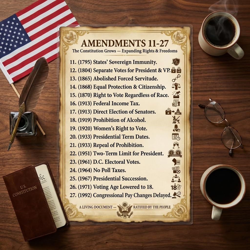 JELLY BEAN GENIUS Constitutional Amendments 11–27 Poster for Kids, 11x17 Laminated US Civics Poster, Bill of Rights