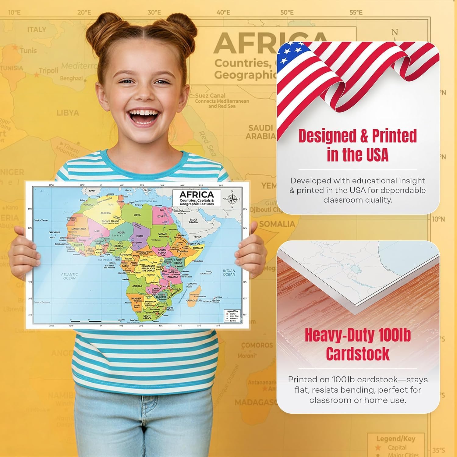 Four laminated geography posters showing Africa, Australia and Oceania, South America, and the world map with QR codes. — view 3