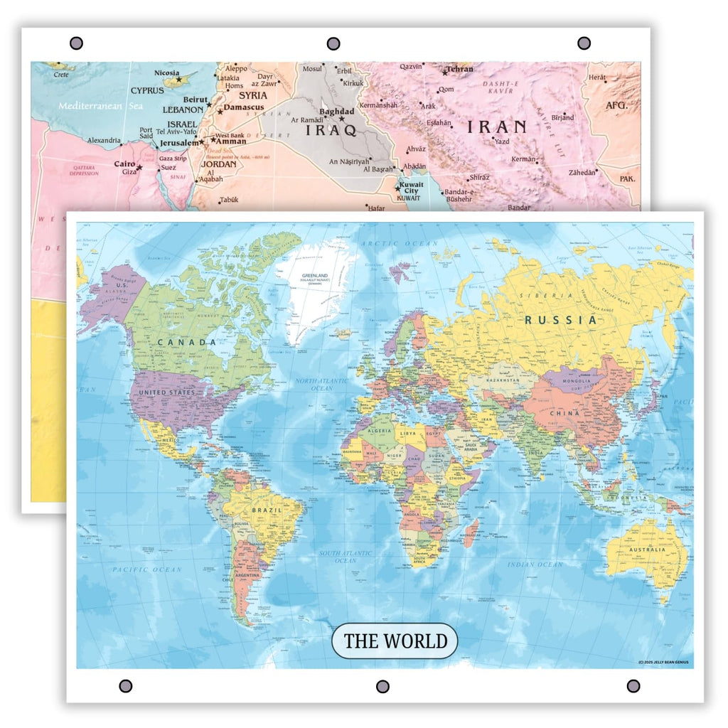 World Map & Middle East Map Reference Page – Laminated, Double-Sided 3-Ring Binder Insert – Durable Gloss Geography Chart for Study (2 Pack)