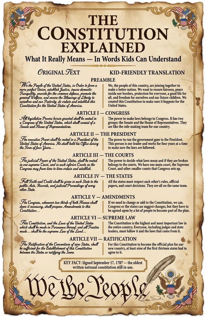 JELLY BEAN GENIUS US Constitution Poster for Kids, 11x17 Laminated Civics Chart, Original Text with Kid-Friendly