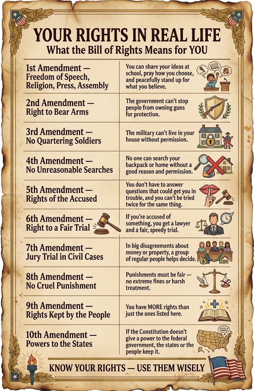 JELLY BEAN GENIUS Bill of Rights Poster for Kids, 11x17 Laminated US Civics Poster, 10 Amendments Explained, Classroom &