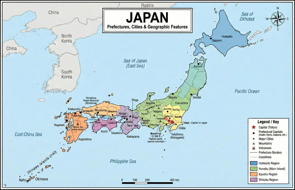 Japan Map Poster 11x17 | Laminated Double-Sided Geography Chart with Color Map Front & Blank Outline Back | Reusable