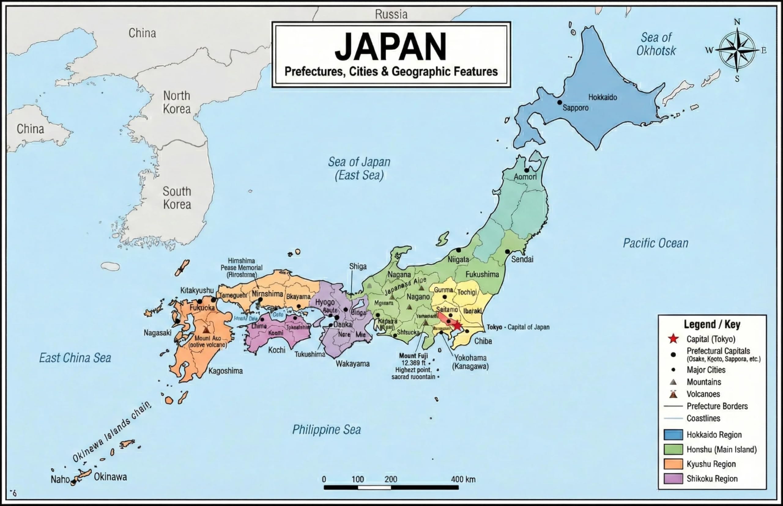 Japan Map Poster 11x17 | Laminated Double-Sided Geography Chart with Color Map Front & Blank Outline Back | Reusable