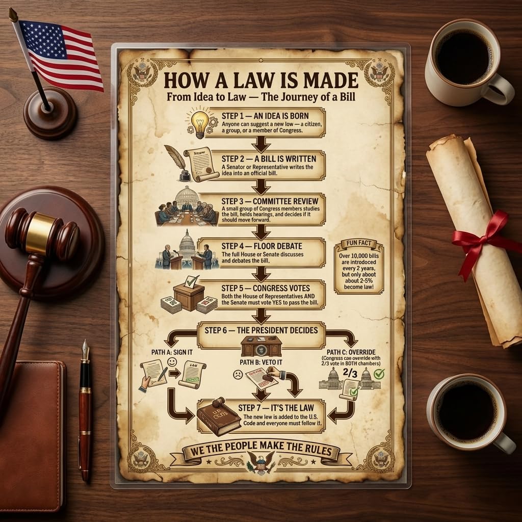 JELLY BEAN GENIUS How a Law Is Made Poster for Kids, 11x17 Laminated US Civics Flowchart, Bill to Law Process, Classroom &