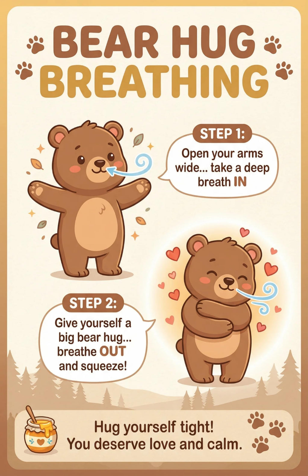 JELLY BEAN GENIUS Bear Hug Breathing Poster for Kids – Self-Hug Calming Technique, Calm Corner Classroom Decor, SEL Social